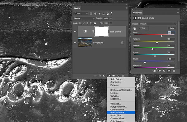 Choose Black & White from the Adjustment drop down menu