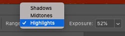 dodge and burn highlights midtones and shadow settings menu