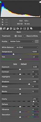 basic raw settings on long exposure image