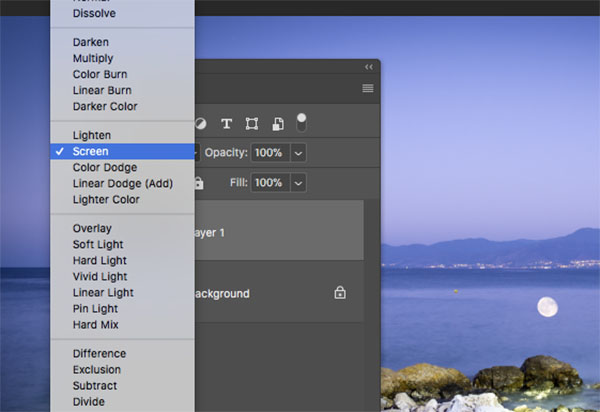 Change the photograph of the moon layer to screen mode