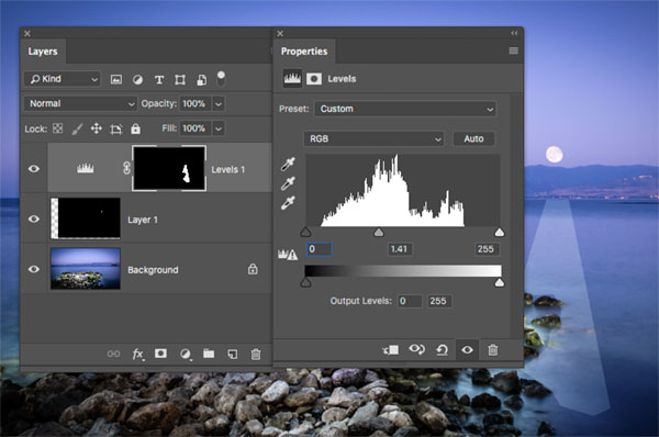 ss8 photograph the moon on Cyprus sea with levels lighten