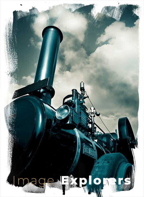 Mix of yellow and cyan for old photo look of vintage traction engine