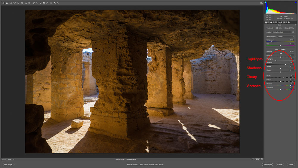 shadow highlight vibrance clarity on Tombs of Kings before and after 