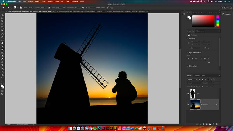 Windmill silhouette sunset with cutout layer